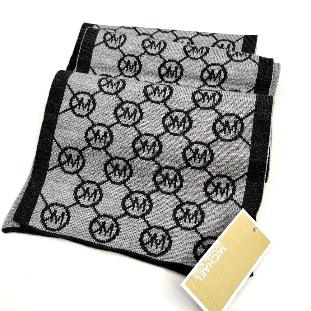 Michael Kors MK Logo Knit Scarf Gray Black Reversible Unisex NWT 9.5